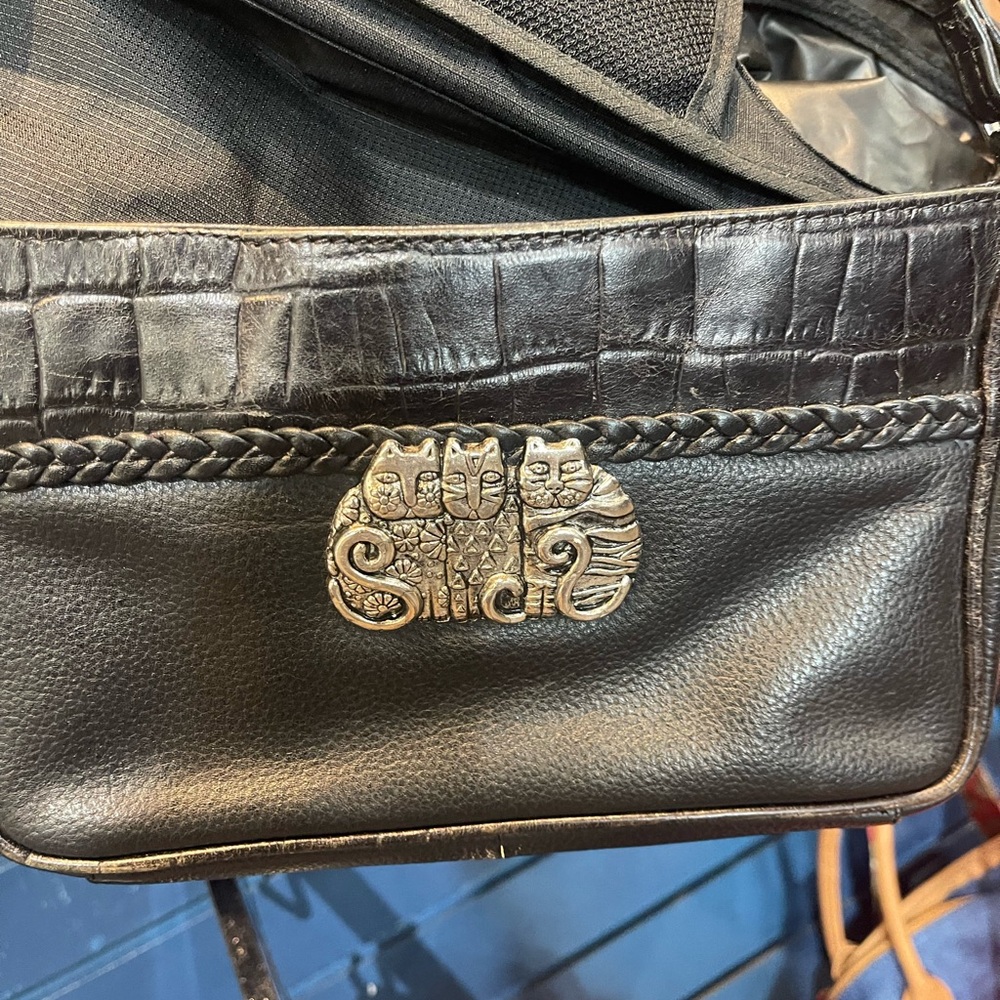 Laurel Burch Black Leather Messenger Bag with Cat Emblem